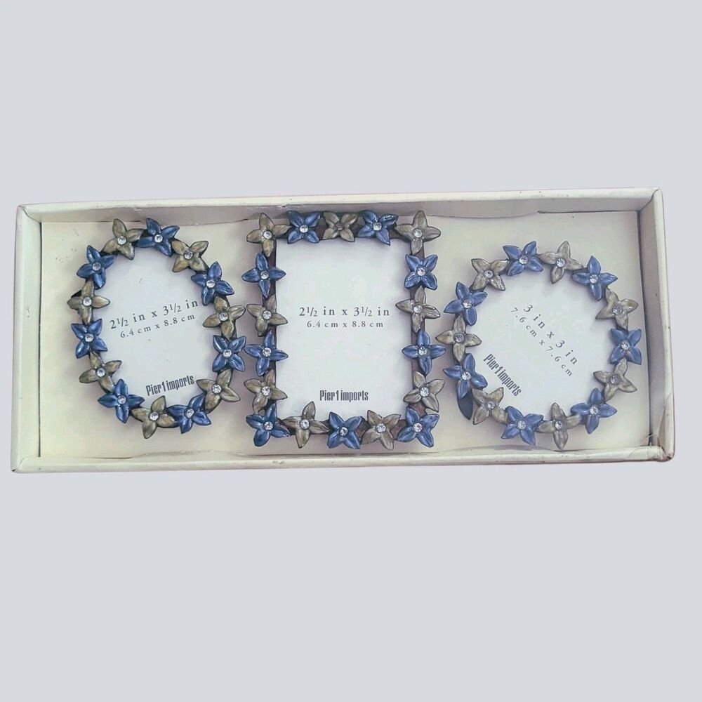 New Set of 3 Pier 1 Imports Jeweled Photo Frames Blue Floral 2.5 x 3.5 inches